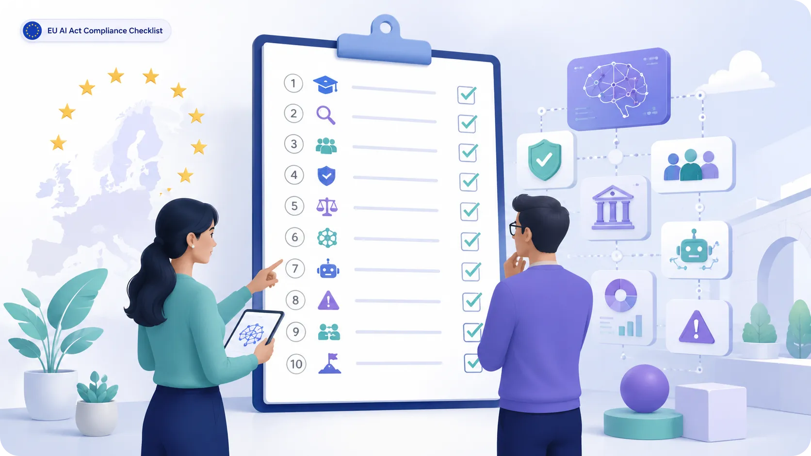 Twee collega's bij een klembord met een afgevinkte checklist van tien punten, met links een kaart van Europa en rechts pictogrammen voor AI, bescherming, toezicht en risico.