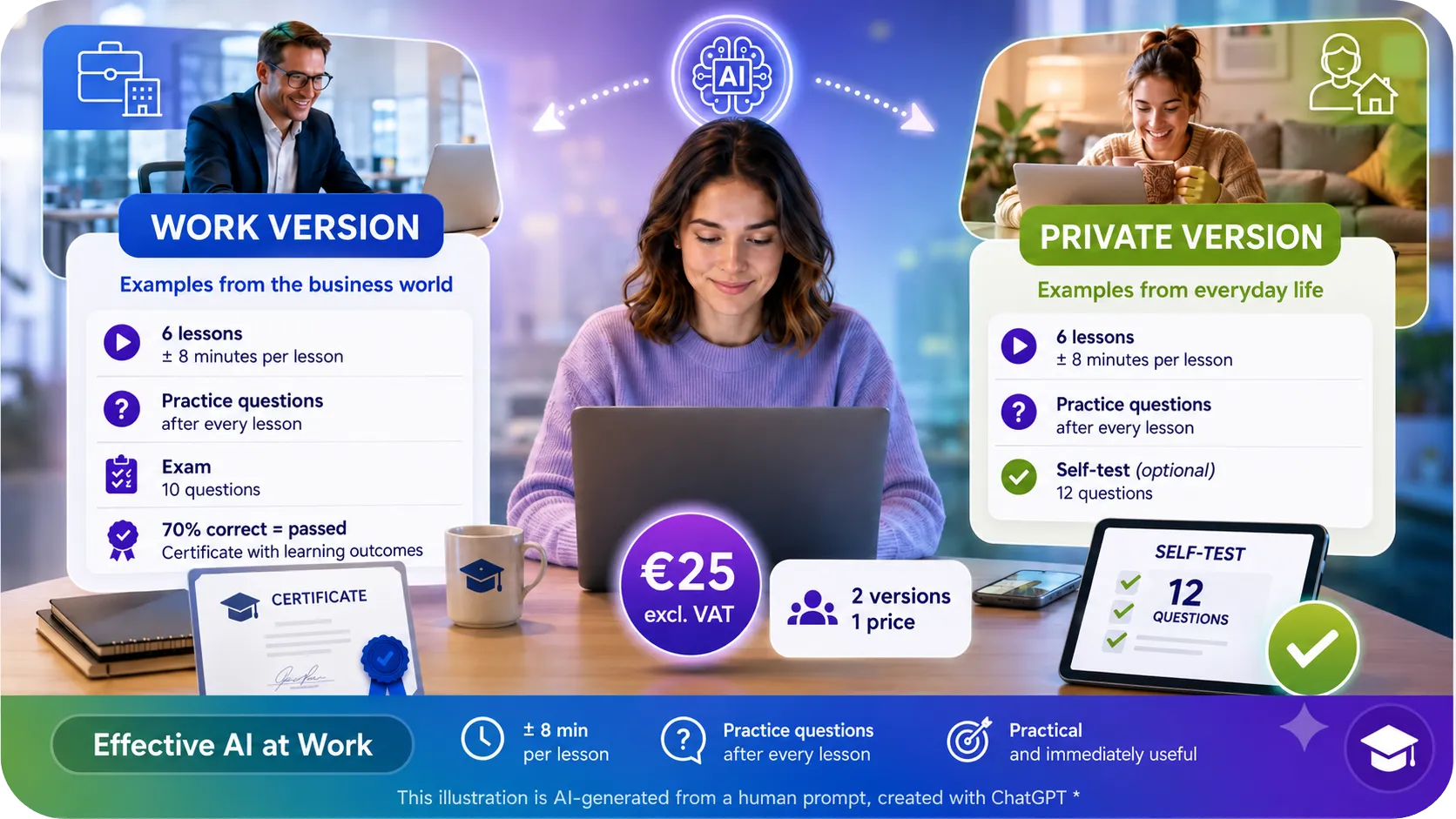 Overview of the Effective AI at Work training with a work version and a private version, six lessons of eight to ten minutes, a certificate and a price of 25 euros.