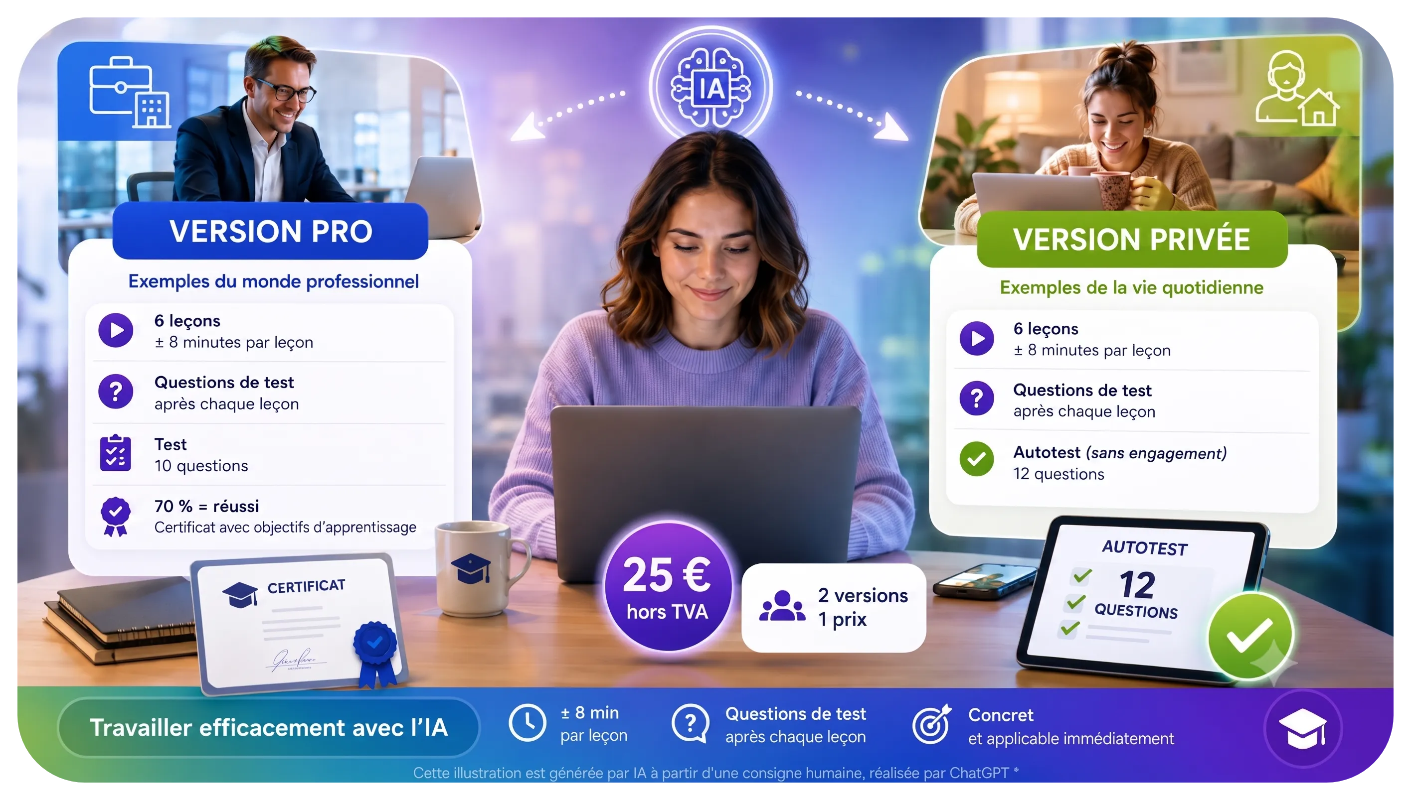 Aperçu de la formation Travailler efficacement avec l'IA avec une version professionnelle et une version privée, six leçons de huit à dix minutes, certificat et prix de 25 euros.