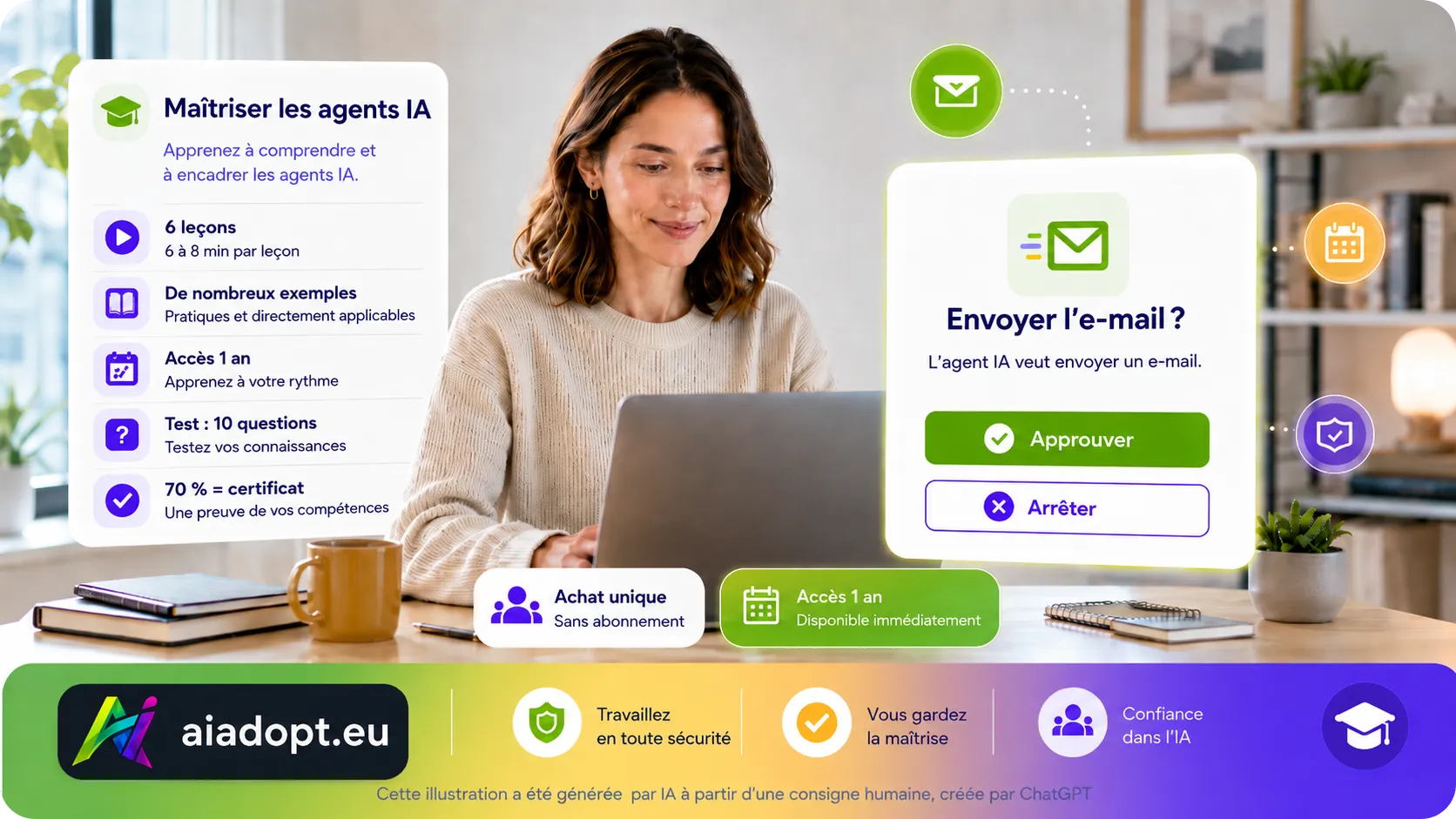 Illustration de la formation Maîtriser les agents IA : un collaborateur garde une vue d'ensemble et le contrôle sur des agents IA qui exécutent des tâches de façon autonome.