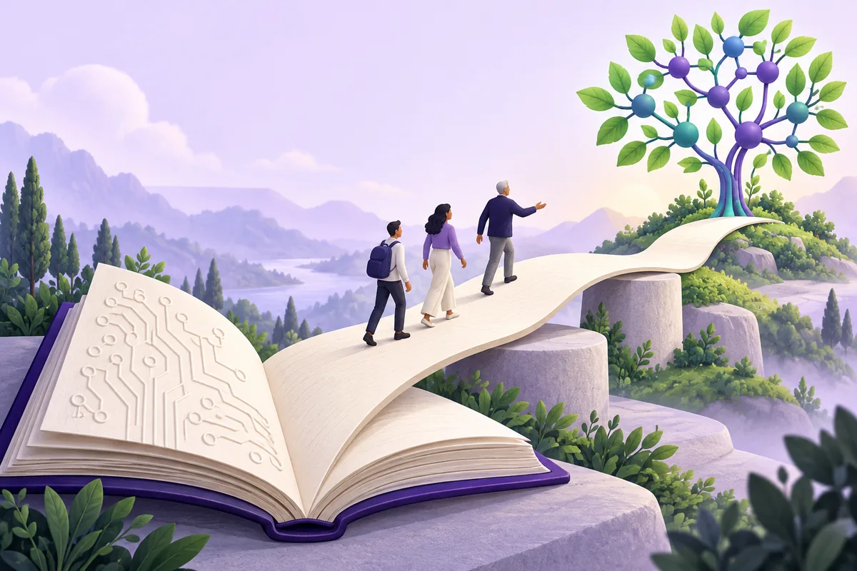 Illustratie: een opengeslagen boek met een circuitpatroon, een pad omhoog met drie wandelaars en een boom met netwerkknopen als kroon.