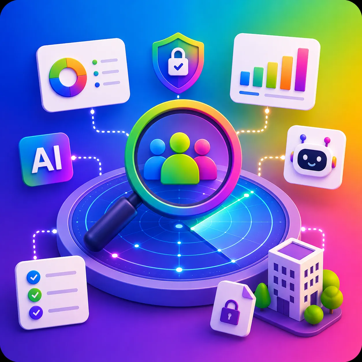 Illustratie van het AI-gebruik in een organisatie dat met een vergrootglas in kaart wordt gebracht, met iconen voor data, beveiliging en AI