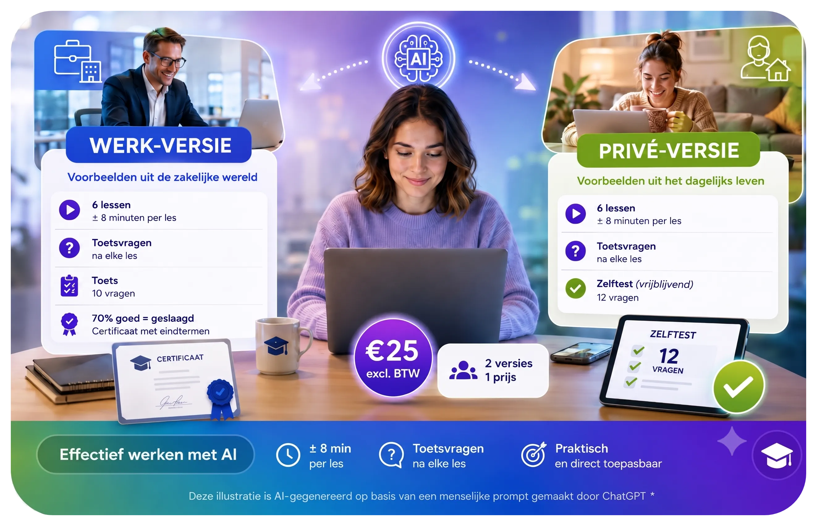 Overzicht van de training Effectief werken met AI met een werk-versie en een privé-versie, zes lessen van acht tot tien minuten, certificaat en prijs van 25 euro.