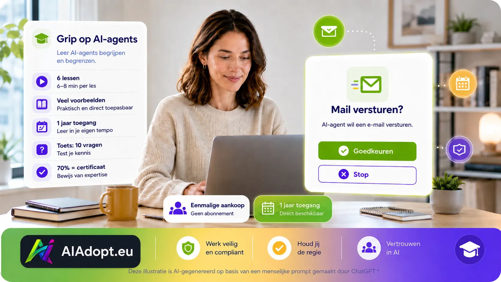Illustratie van de training Grip op AI-agents: een medewerker houdt overzicht en controle over AI-agents die zelfstandig taken uitvoeren.
