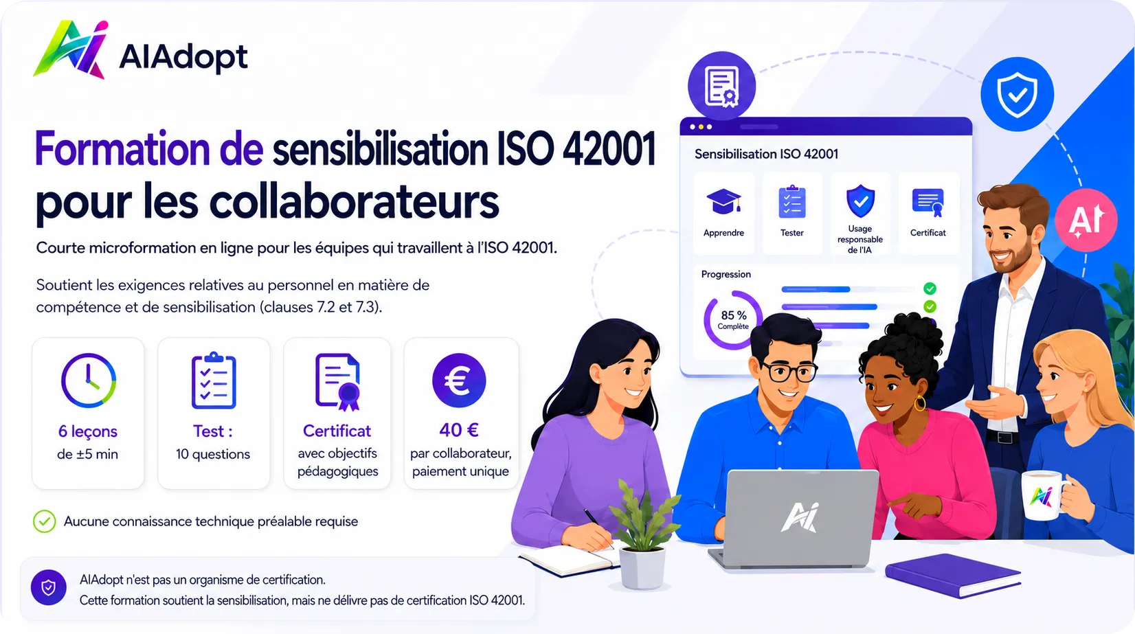 Infographie de la formation de sensibilisation ISO 42001 pour les collaborateurs : de la politique d'IA et de la reconnaissance des risques à l'usage sûr, la supervision humaine et le signalement des incidents.
